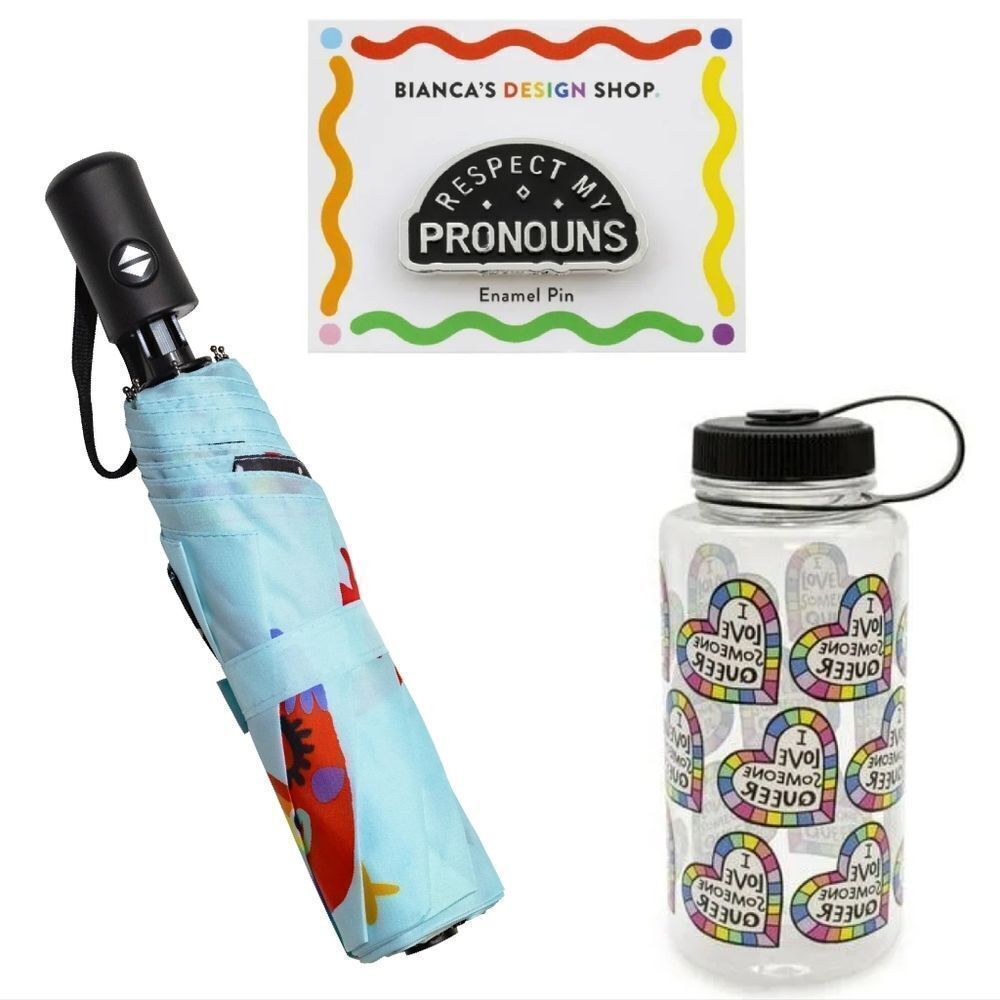 PRIDE Colorful 3 Piece Umbrella Water Bottle Enamel Pin Gift Bundle NWT